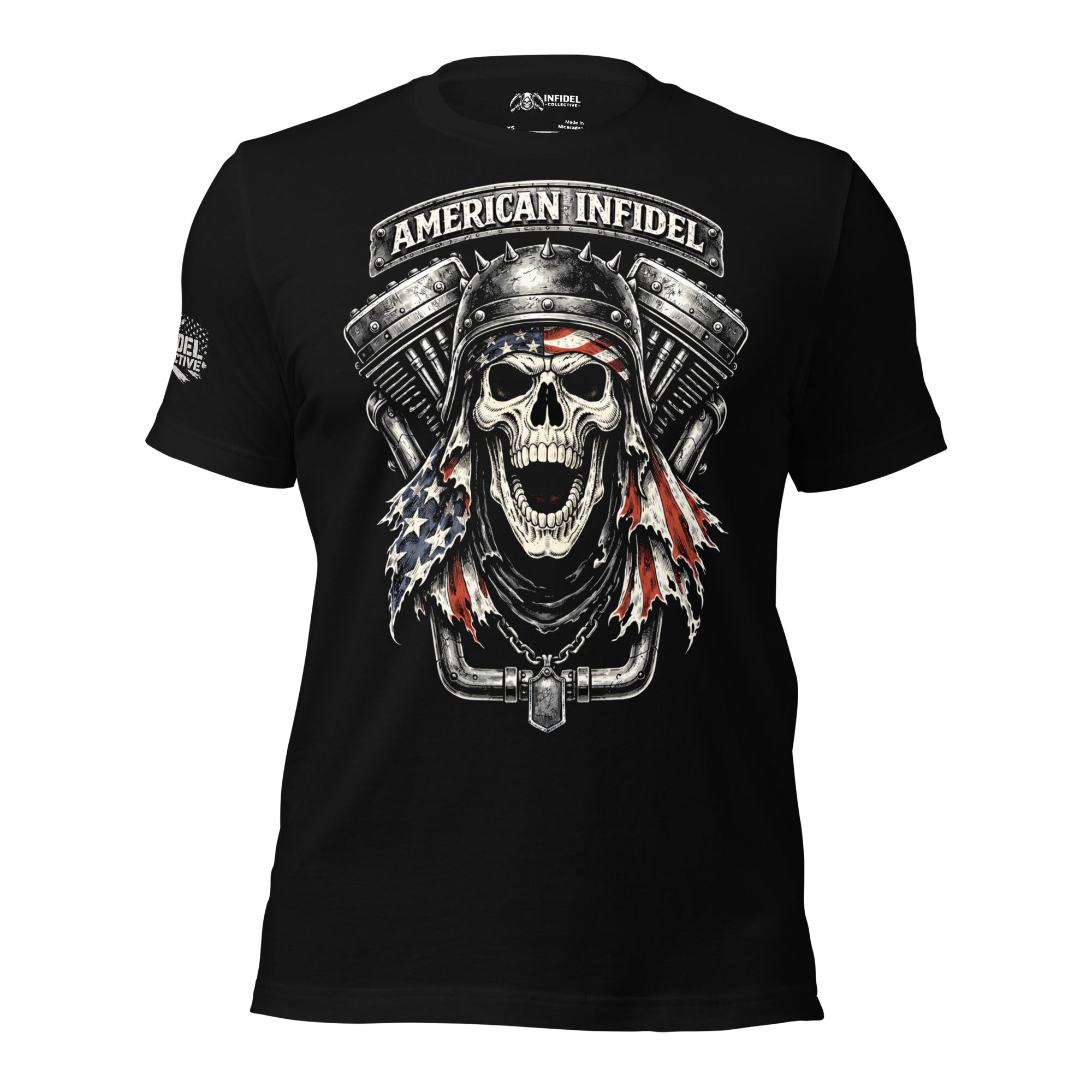 American Infidel engine skull front print biker black tee from Infidel Collective
