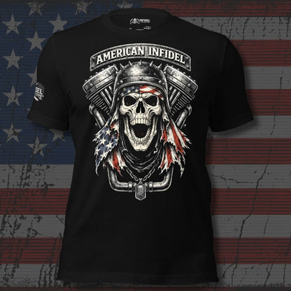 Black t-shirt with a skull and engine design on an American flag background