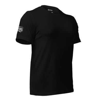 Black t-shirt with a small white logo on a white background