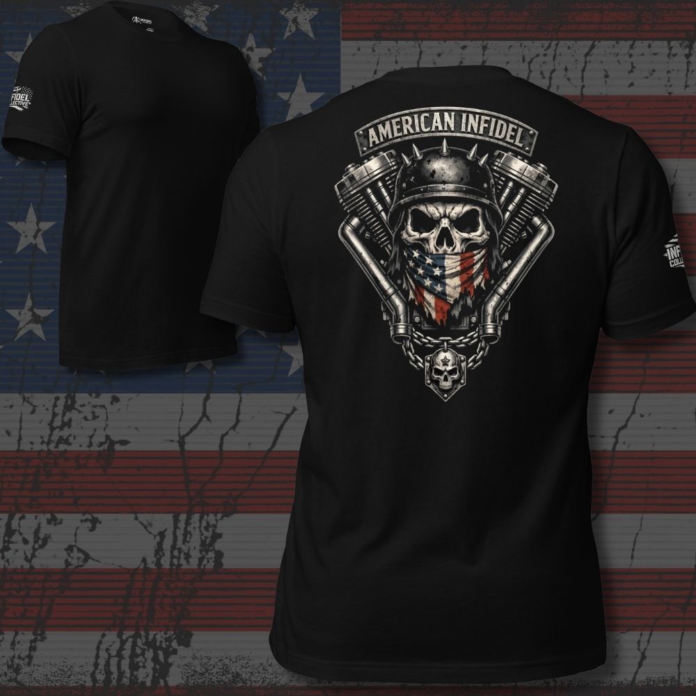 Black t-shirt with skull and engine design on a distressed American flag background