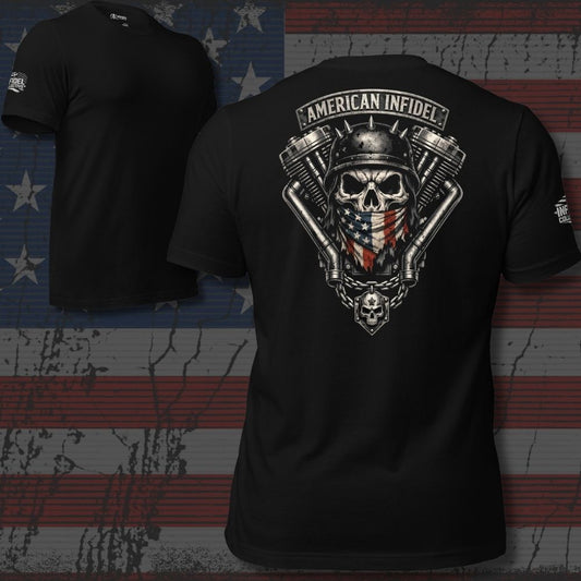 Black t-shirt with skull and engine design on a distressed American flag background
