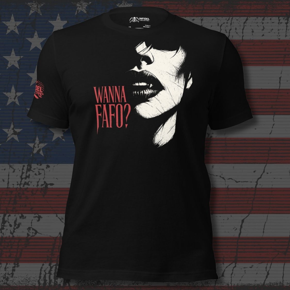 Black t-shirt with graphic design and text 'Wanna Fafo?' against an American flag background