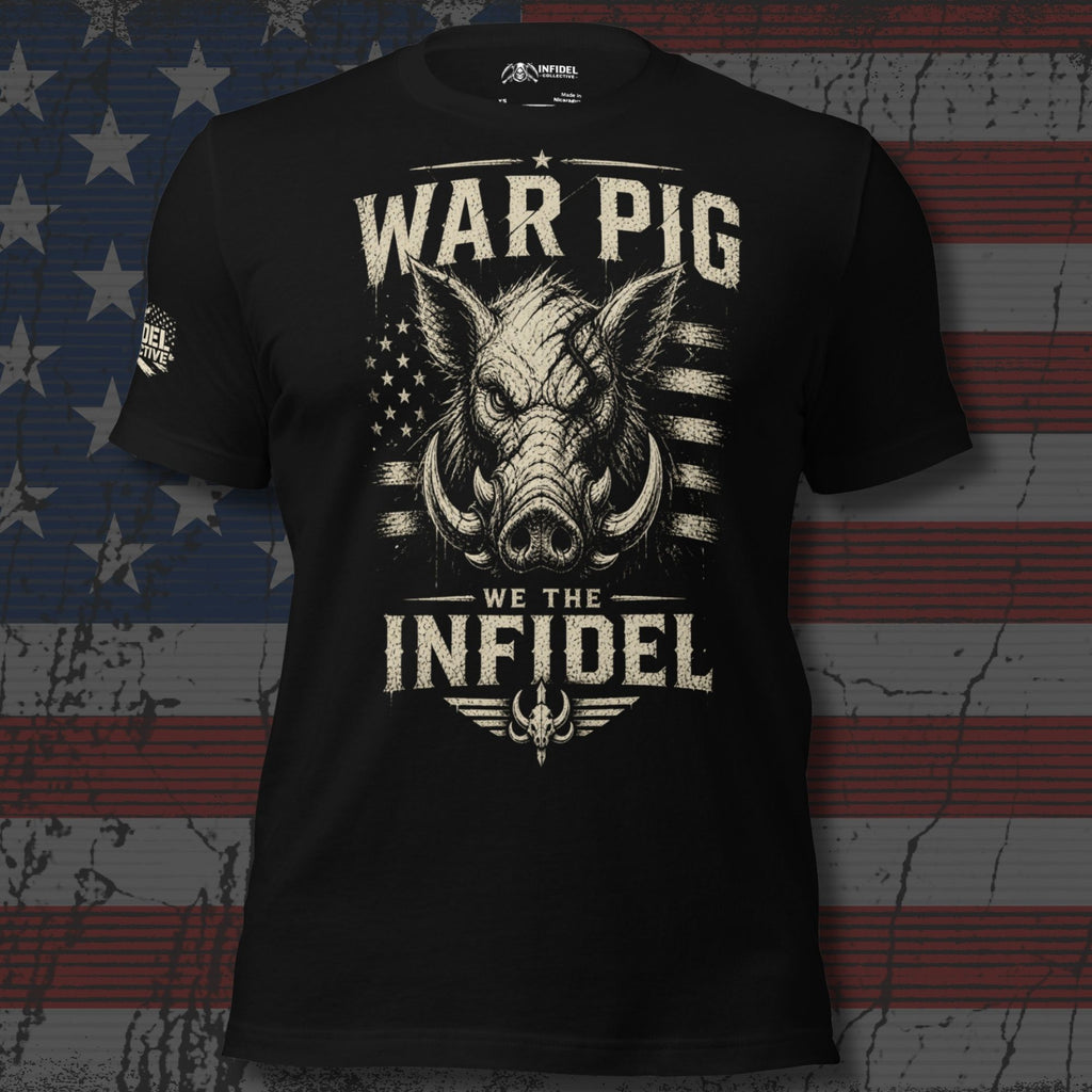 Black War Pig We the Infidel tee with front print featuring wild boar head, distressed American flag graphic, and bold typography