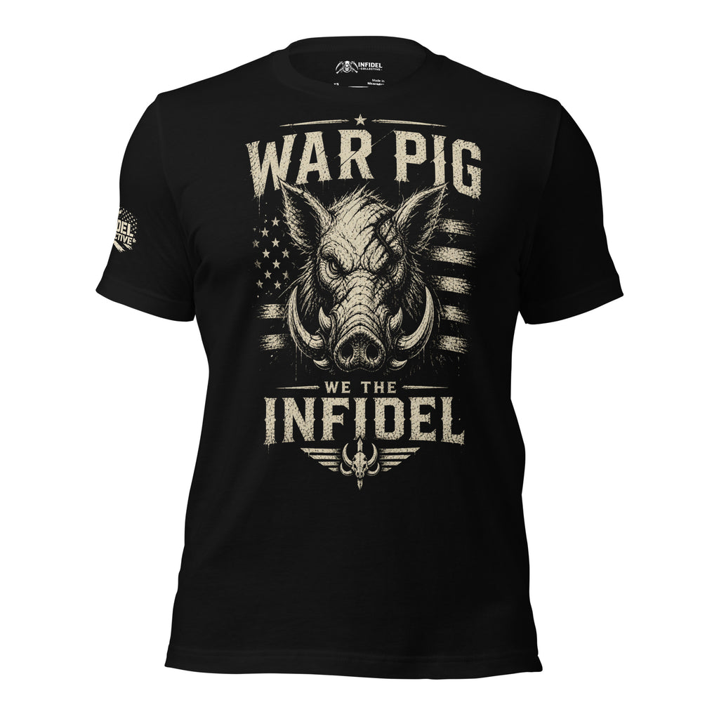 Black War Pig We the Infidel tee with front print featuring wild boar head, distressed American flag graphic, and bold typography