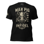 Black War Pig We the Infidel tee with front print featuring wild boar head, distressed American flag graphic, and bold typography