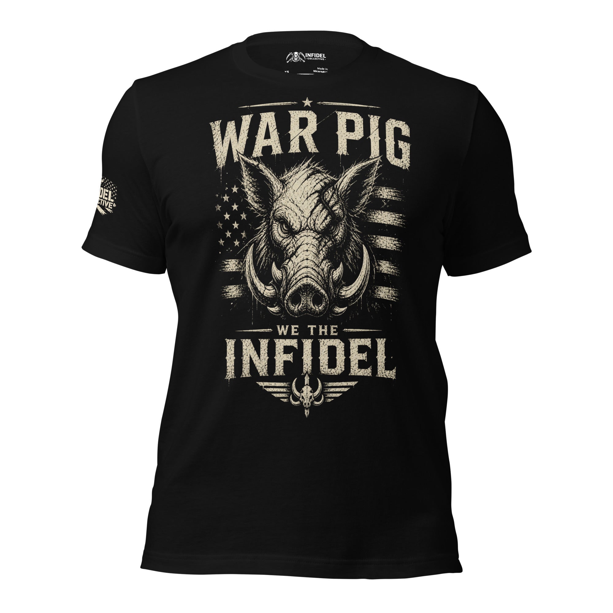 Black War Pig We the Infidel tee with front print featuring wild boar head, distressed American flag graphic, and bold typography