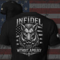Infidel War Pig with American flag and Without Apology back print black tee from Infidel Collective