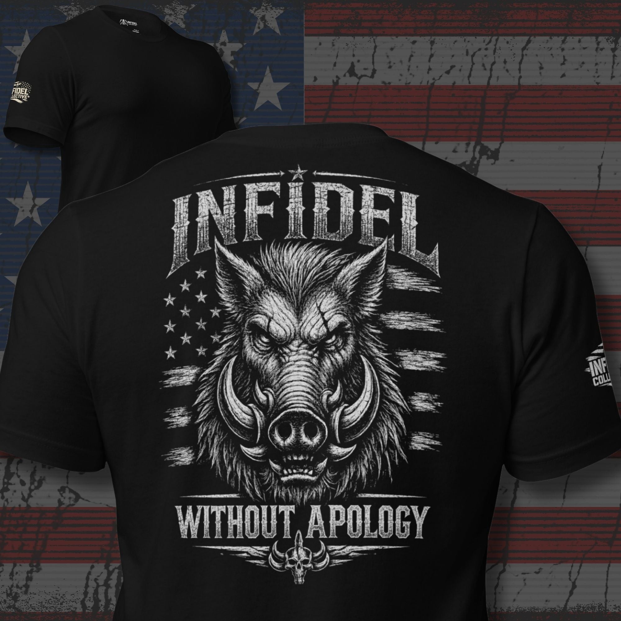War Pig Without Apology back print black tee from Infidel Collective