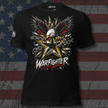 Warfighter bald eagle breaking chains over crossed rifles design front print black tee from Infidel Collective