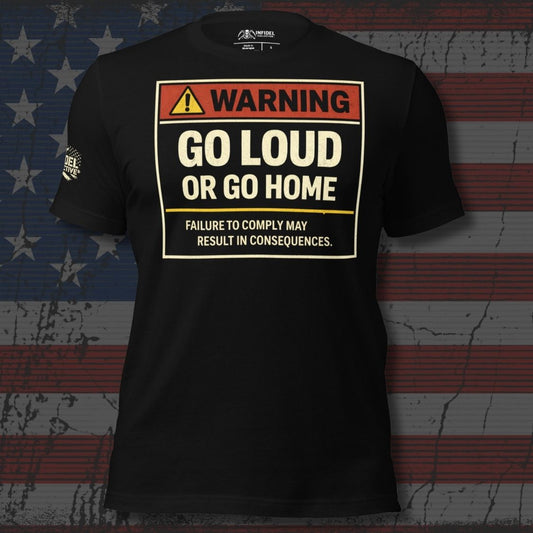Black t-shirt with a warning label design on an American flag background