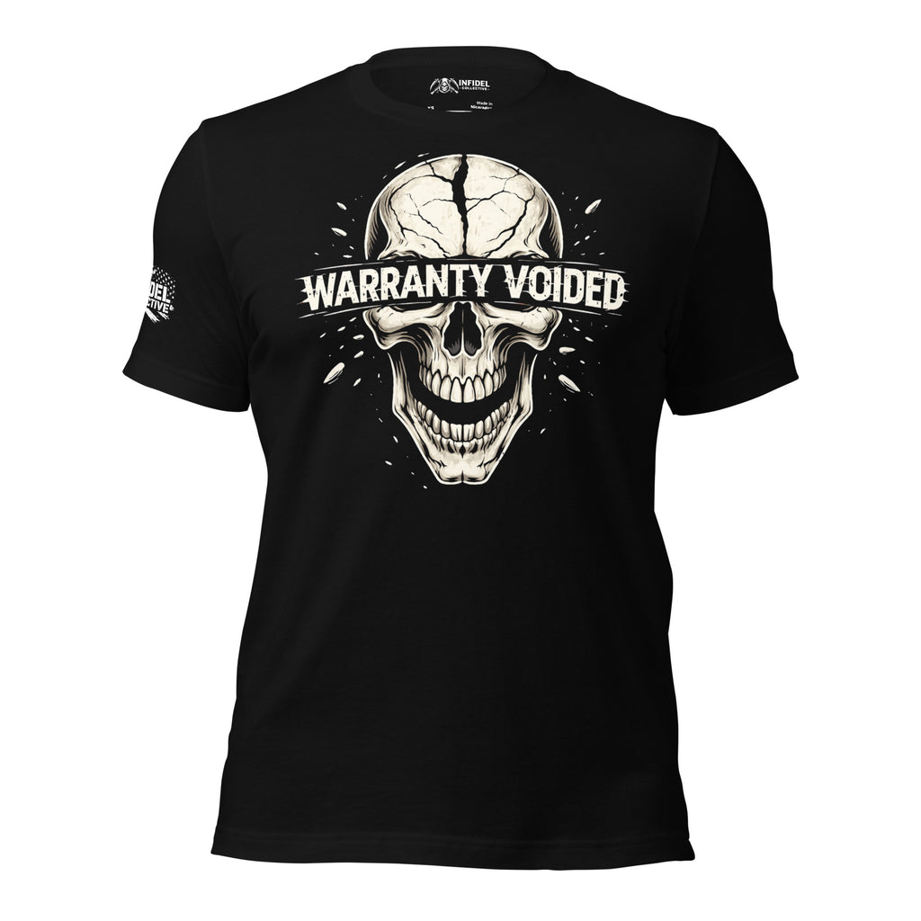 Black tee with Warranty Voided front print featuring a cracked skull graphic and distressed lettering across the eyes