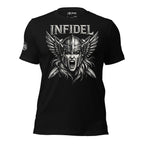 Black t-shirt with warrior graphic and 'Infidel' text on a distressed American flag background