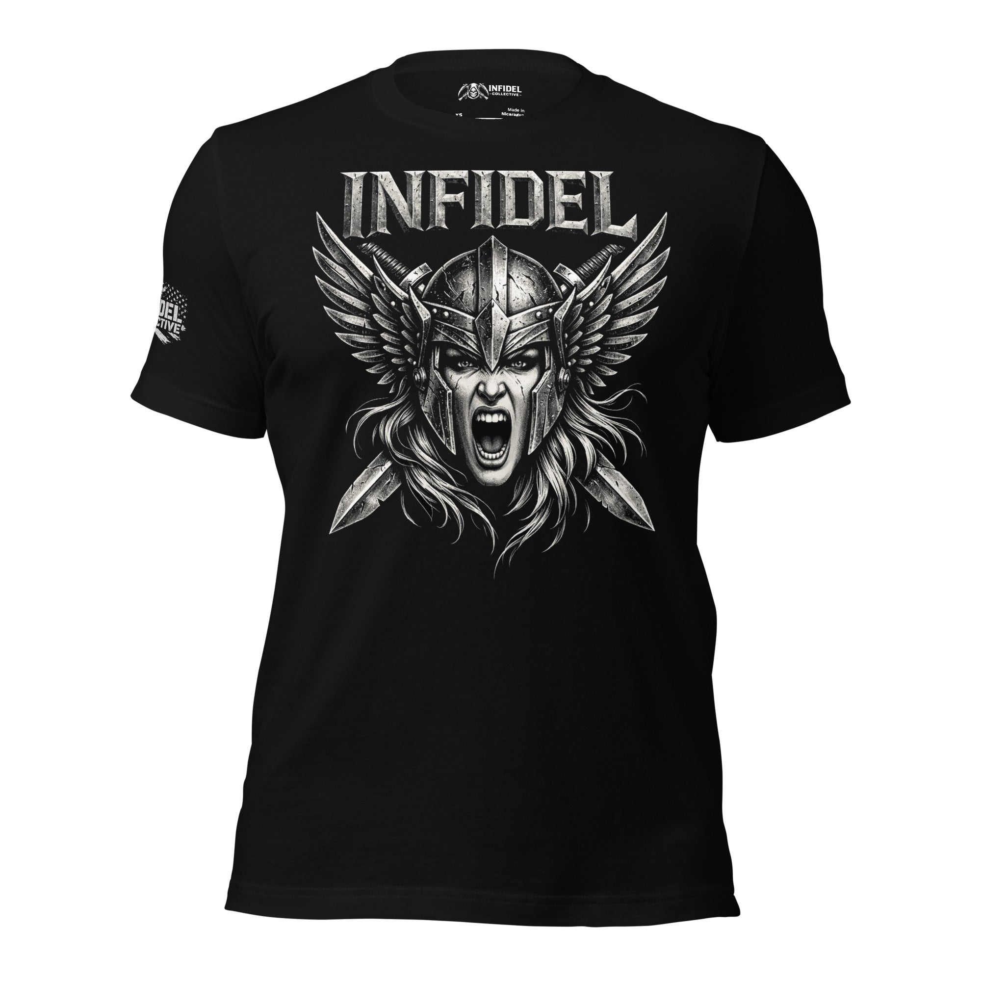 Black t-shirt with warrior graphic and 'Infidel' text on a distressed American flag background