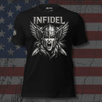 Black t-shirt with warrior graphic and 'Infidel' text on a distressed American flag background