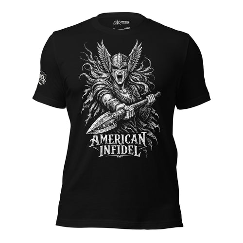 Front view of black tee featuring American Infidel winged Valkyrie warrior carrying a sword design