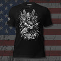 American Infidel winged Valkyrie warrior carrying a sword design front print black tee from Infidel Collective