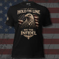 Hold the Line We the Infidel bald eagle and American flag design front print black tee from Infidel Collective