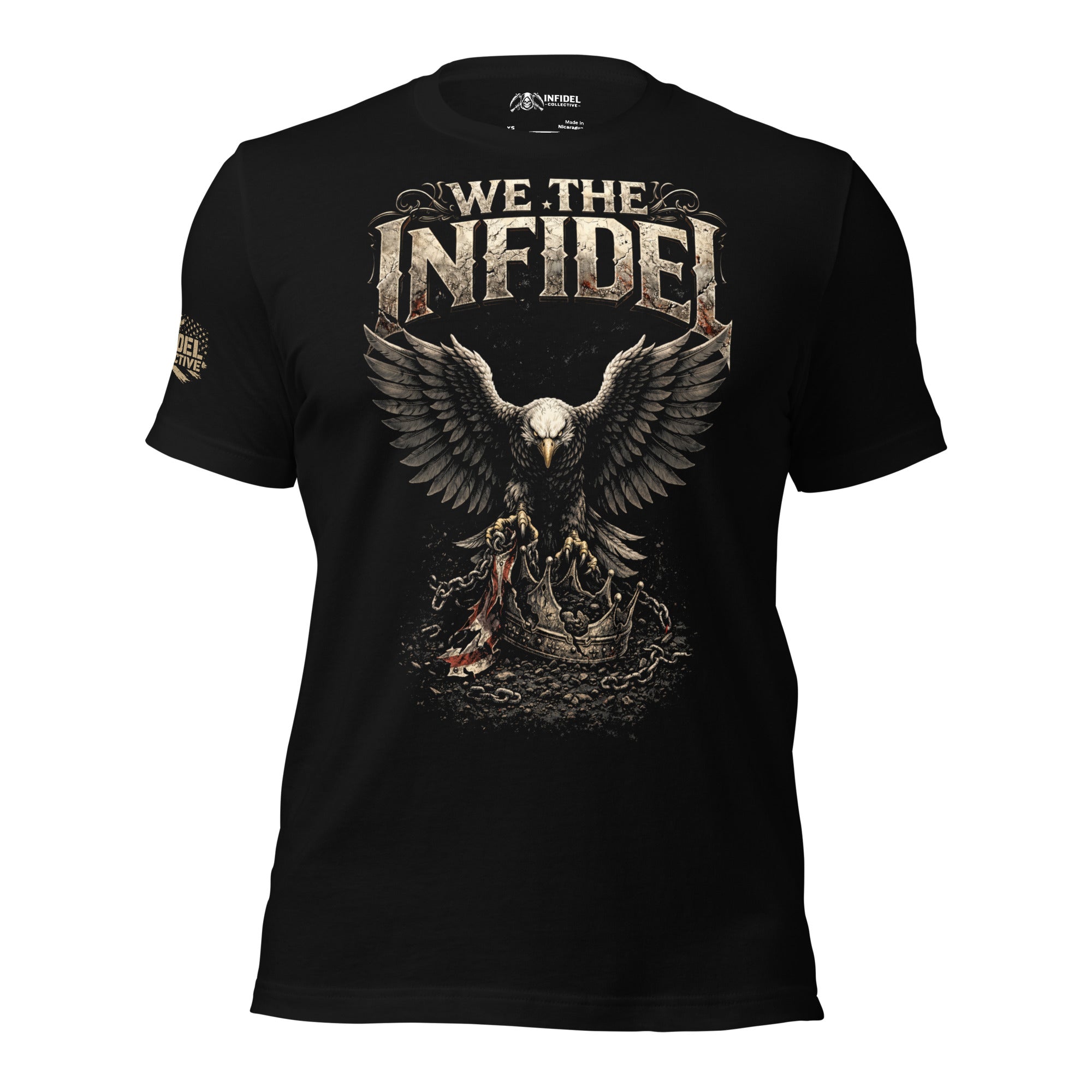 Black We the Infidel tee with front print featuring bald eagle, broken chains, fallen crown, and We the Infidel text