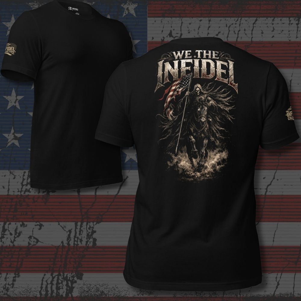 Black t-shirt with 'We the Infidel' design on an American flag background