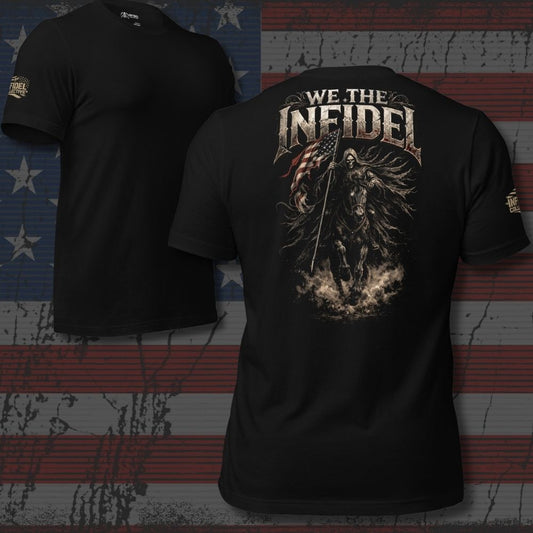 Black t-shirt with 'We the Infidel' design on an American flag background