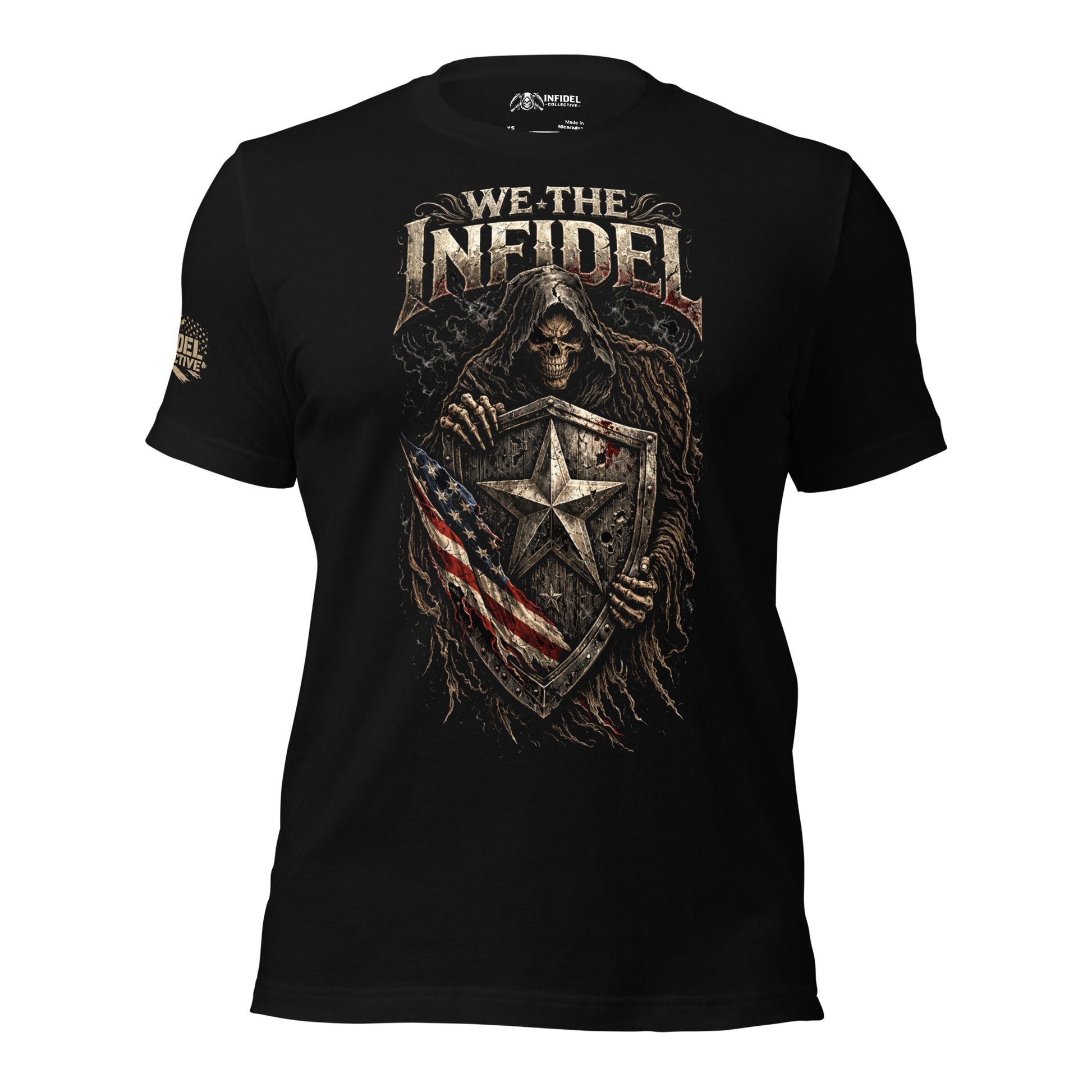 Black t-shirt with graphic design and text 'We The Infidel' on a white background