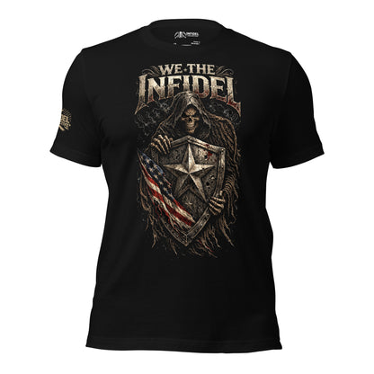 Black t-shirt with graphic design and text 'We The Infidel' on a white background