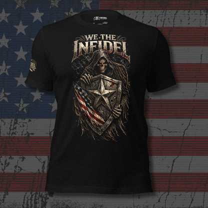 Black t-shirt with graphic design and text 'We The Infidel' against a distressed American flag background