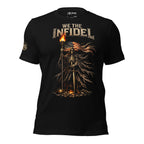 Black We the Infidel tee with front print featuring hooded skeletal figure holding torch and American flag above broken chains and crown