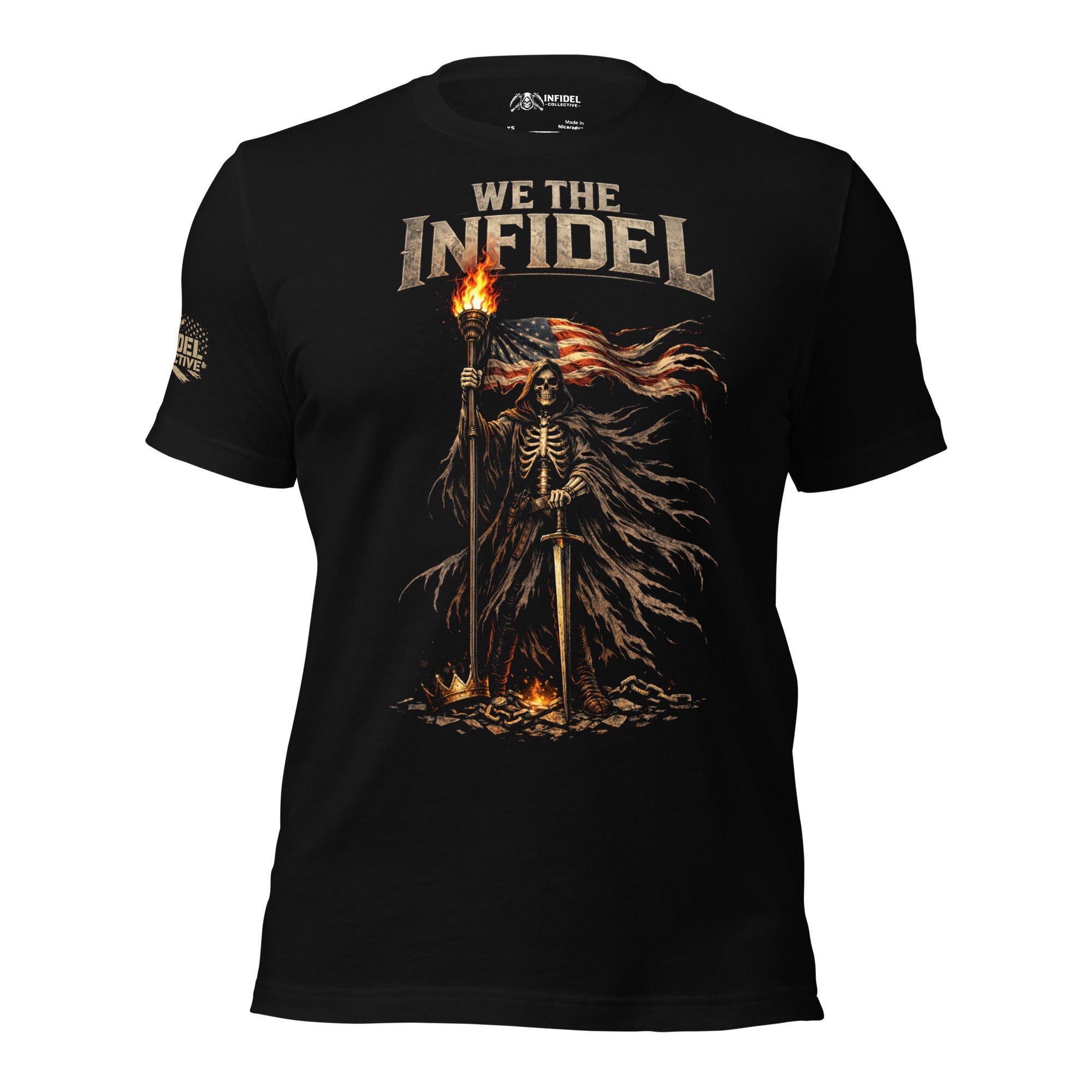 Black We the Infidel tee with front print featuring hooded skeletal figure holding torch and American flag above broken chains and crown