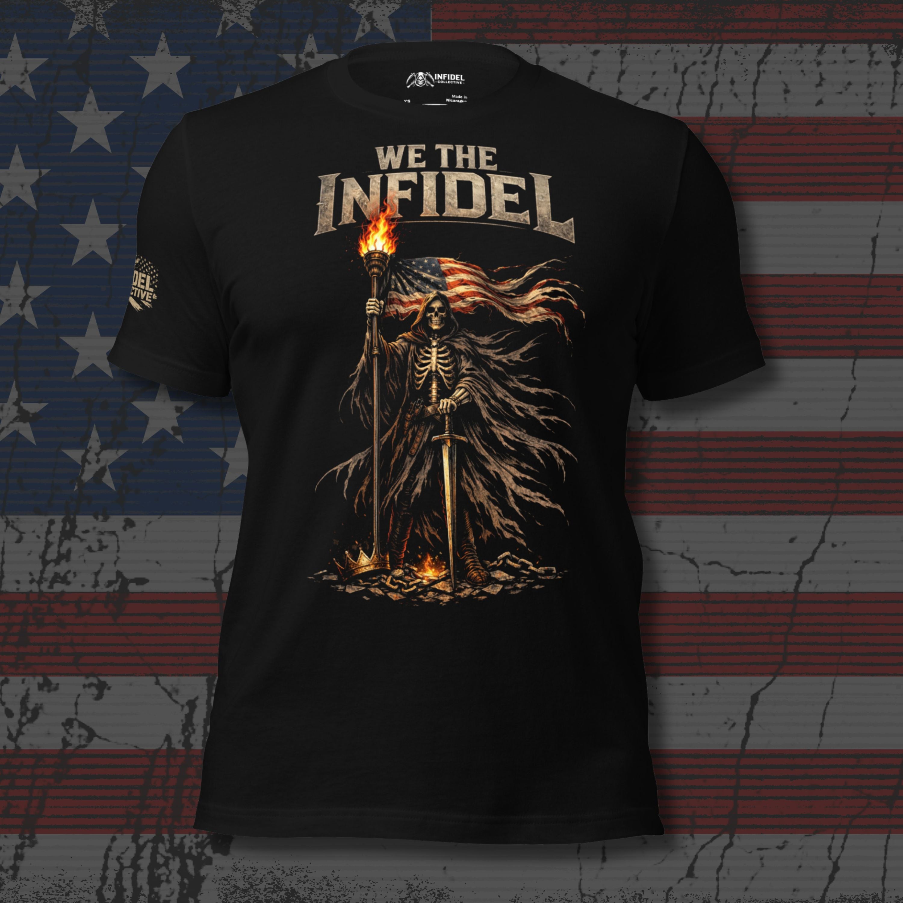Black We the Infidel tee with front print featuring hooded skeletal figure holding torch and American flag above broken chains and crown