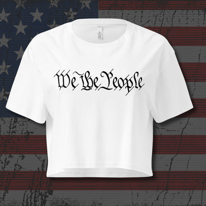 White t-shirt with 'We The People' text on an American flag background