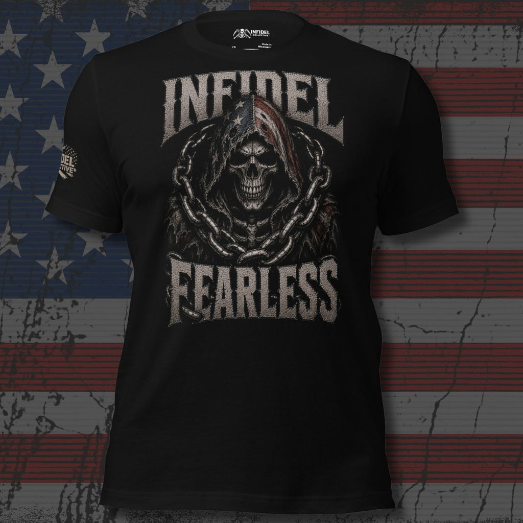 Black graphic t-shirt with front print featuring a grim reaper wrapped in oversized chains and INFIDEL FEARLESS text.