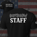 Shitshow Staff back print with Welcome to the Shitshow chest mark back print black tee from Infidel Collective