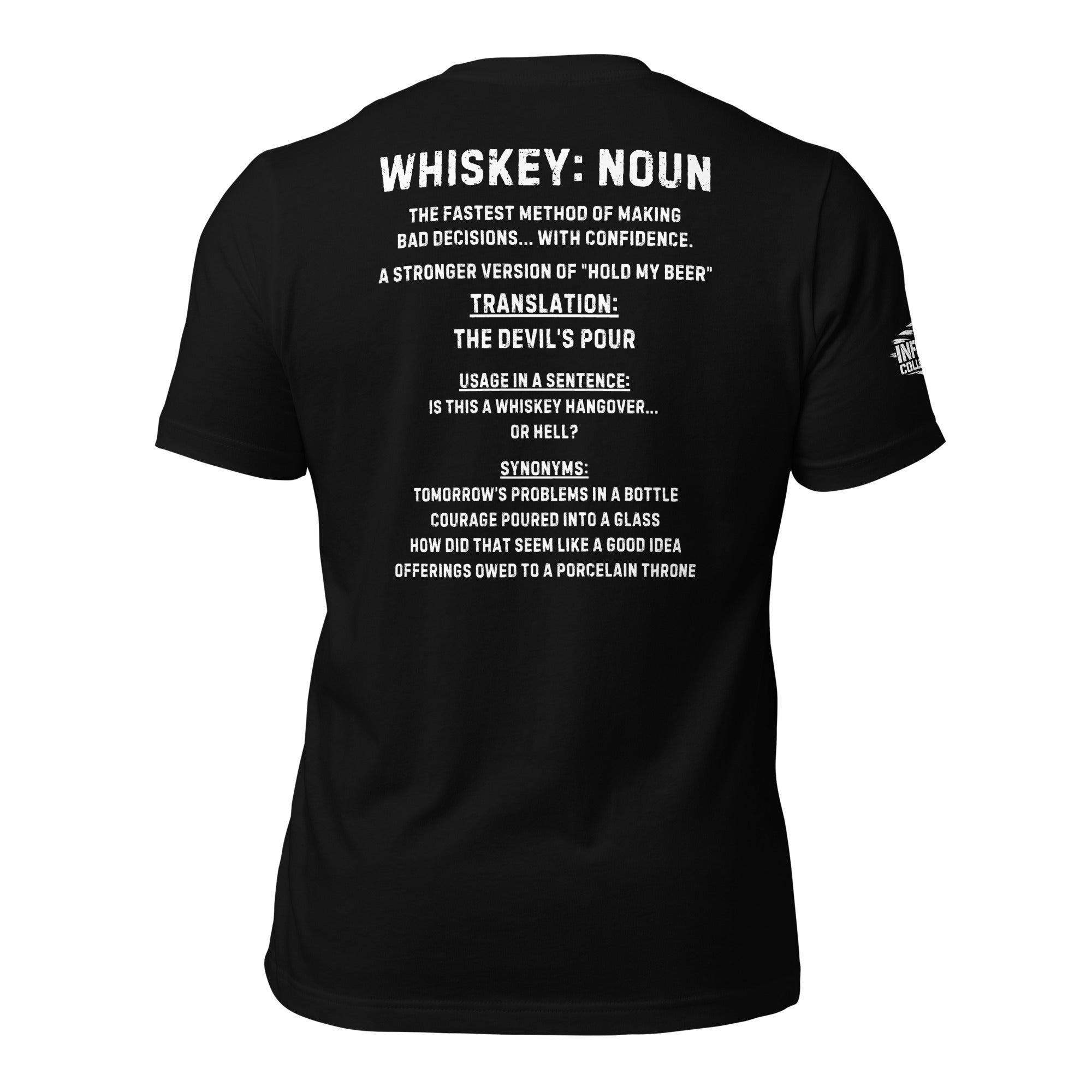 Black front-and-back tee featuring Whiskey on the front and a humorous whiskey definition graphic on the back