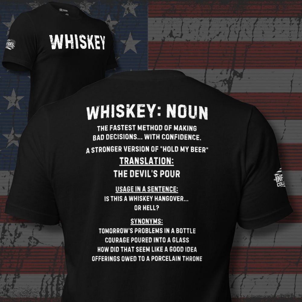 Black t-shirt with 'WHISKEY' on front and humorous definition on back against an American flag background