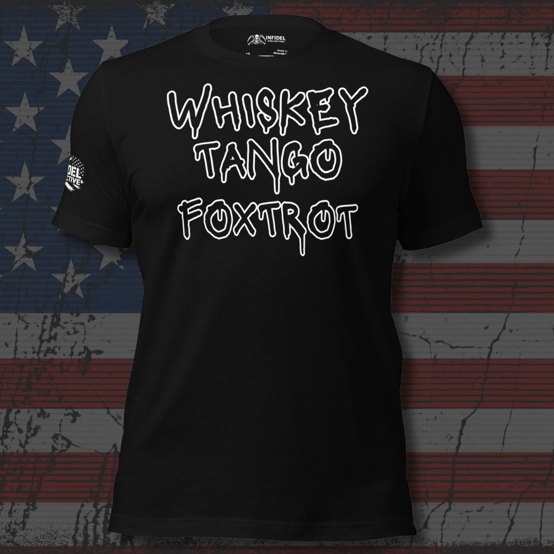 Black tee with Whiskey Tango Foxtrot front print in white graffiti-style lettering