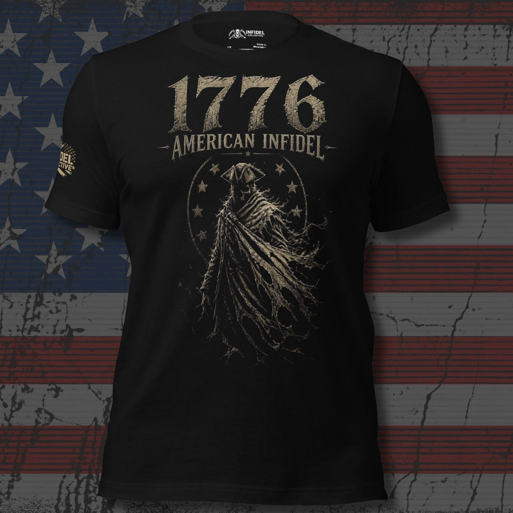 Black t-shirt featuring a ghostly colonial patriot beneath 1776 American Infidel text in a distressed vintage design