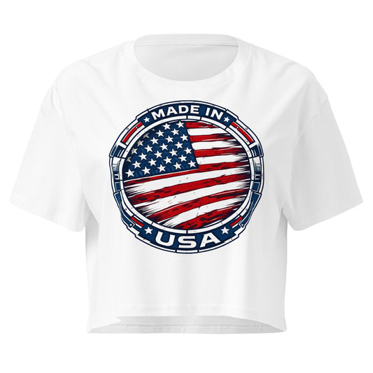 White crop top with American flag design and 'Made in USA' text 