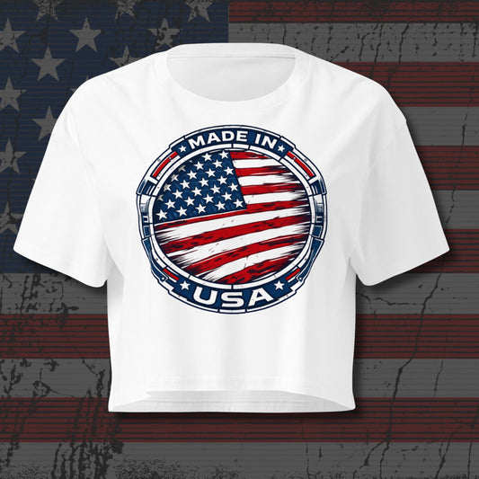 White t-shirt with American flag design and 'Made in USA' text on