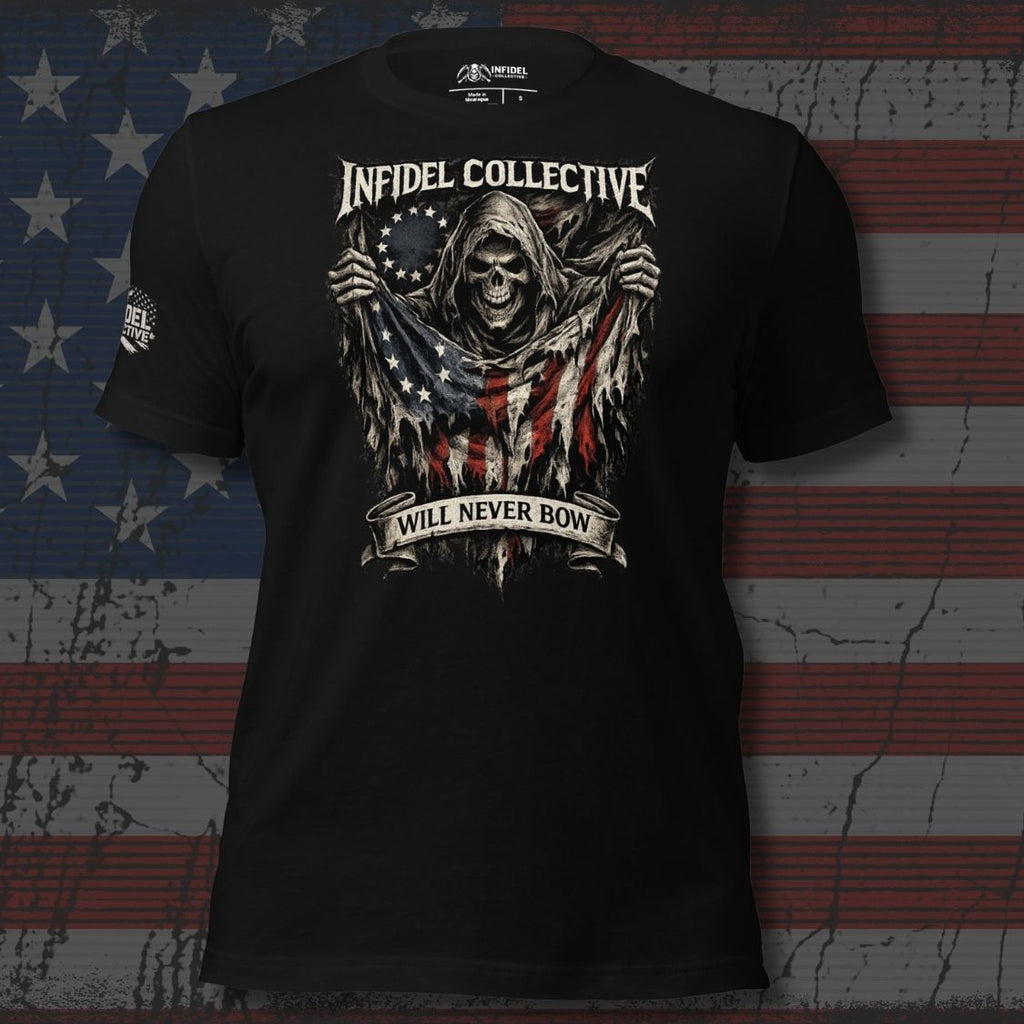 Black t-shirt with a graphic design featuring a skeleton holding an American flag and text 'Infidel Collective Will Never Bow' on a distressed American flag background.