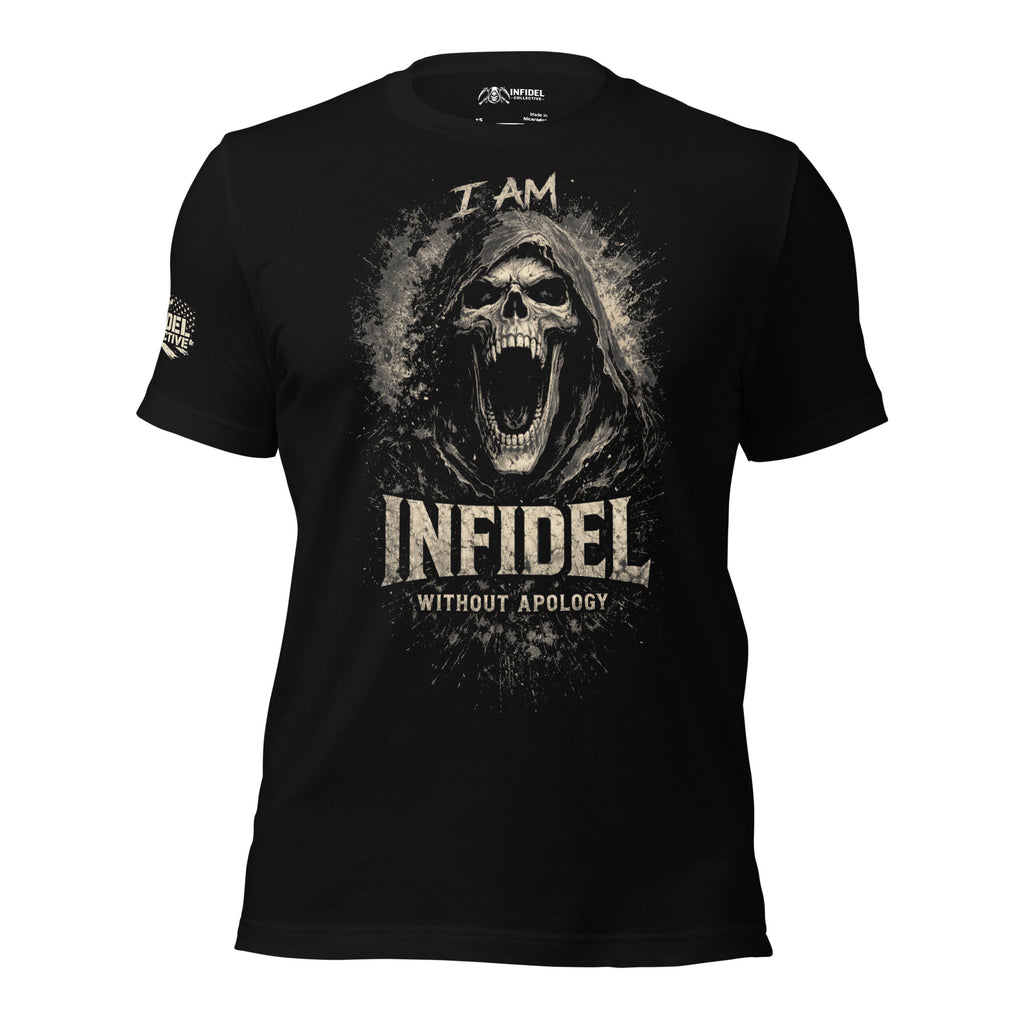 Black t-shirt with an eagle design and text on a white background