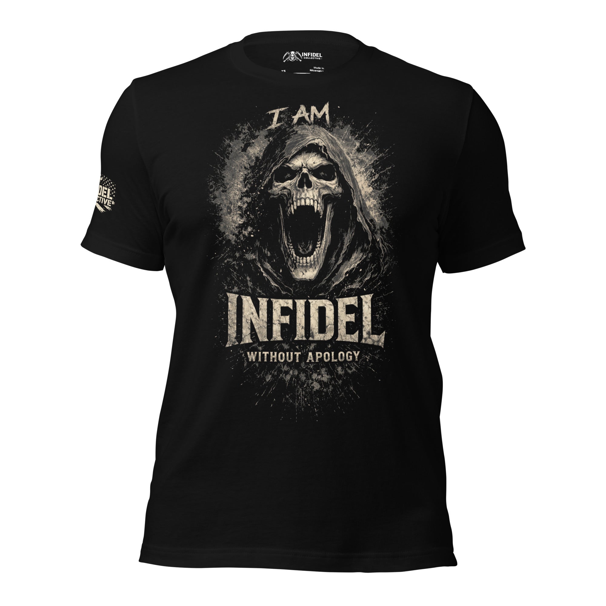 Black t-shirt with an eagle design and text on a white background