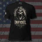 Black t-shirt with a graphic design of a skull and text 'I AM INFIDEL WITHOUT APOLOGY' on an American flag background.