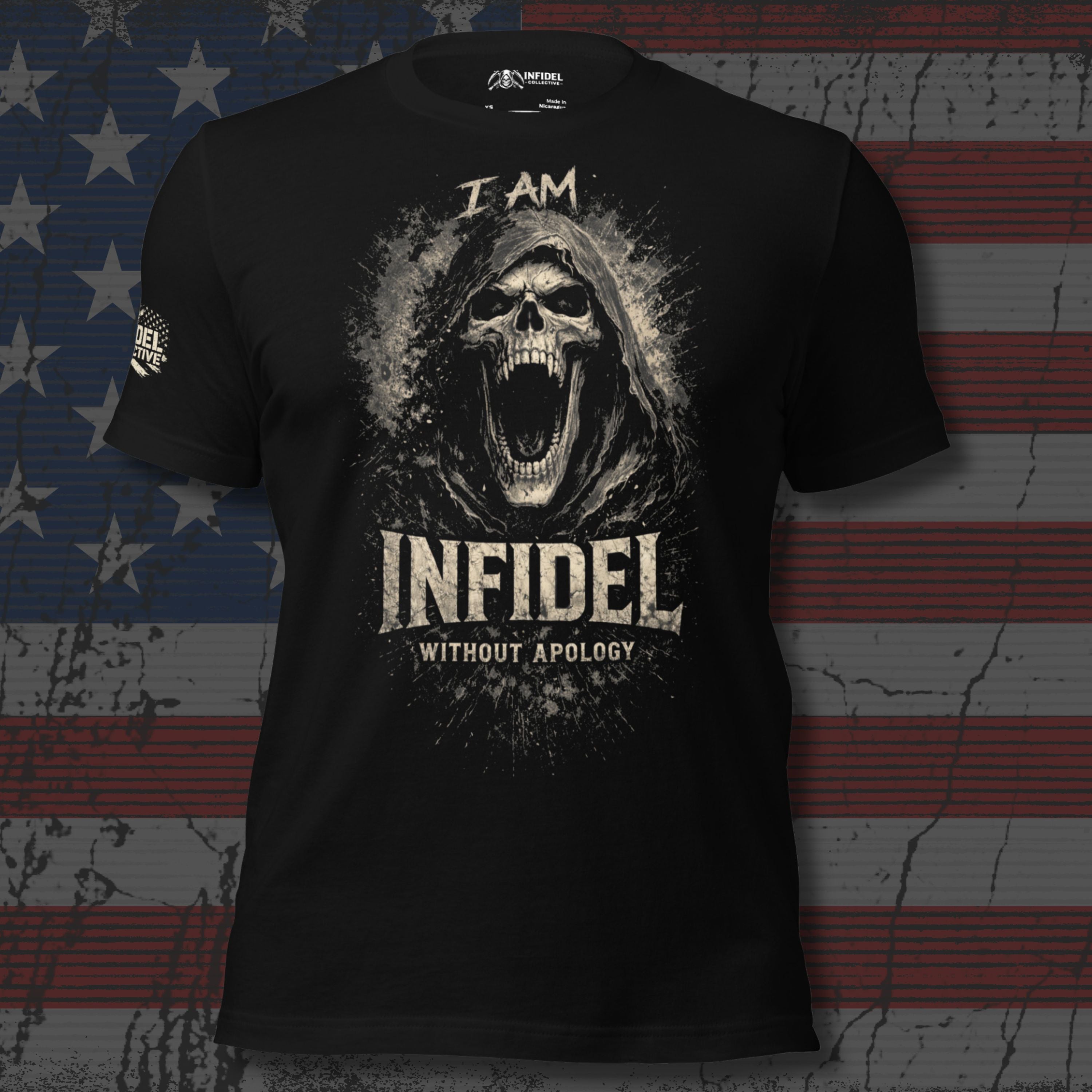 Black t-shirt with a graphic design of a skull and text 'I AM INFIDEL WITHOUT APOLOGY' on an American flag background.