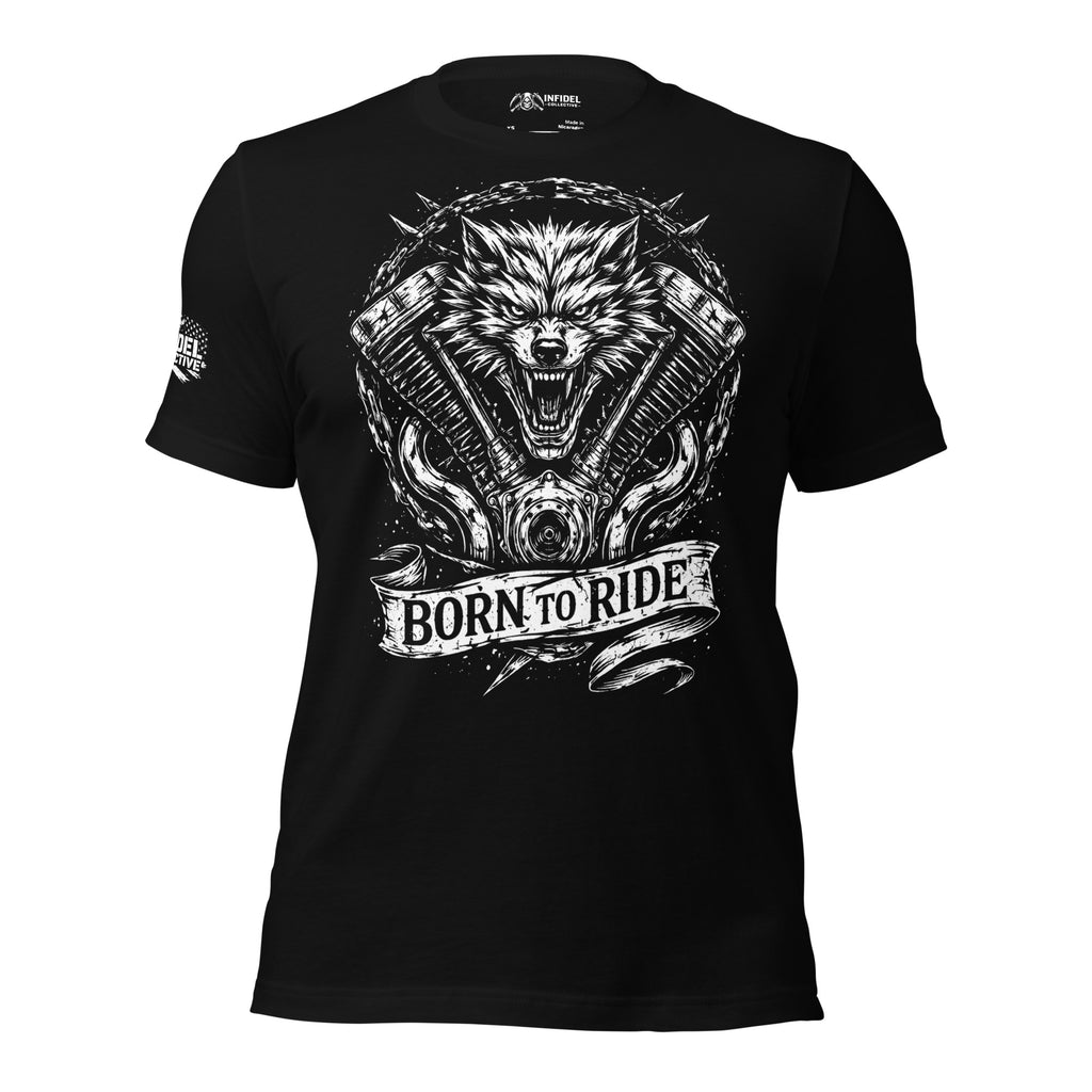 Black t-shirt with a wolf and engine design and 'Born to Ride' text on a white background