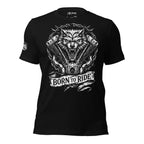 Black t-shirt with a wolf and engine design and 'Born to Ride' text on a white background