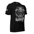 Black t-shirt with Wolf graphic and 'BORN TO RIDE text on a white background