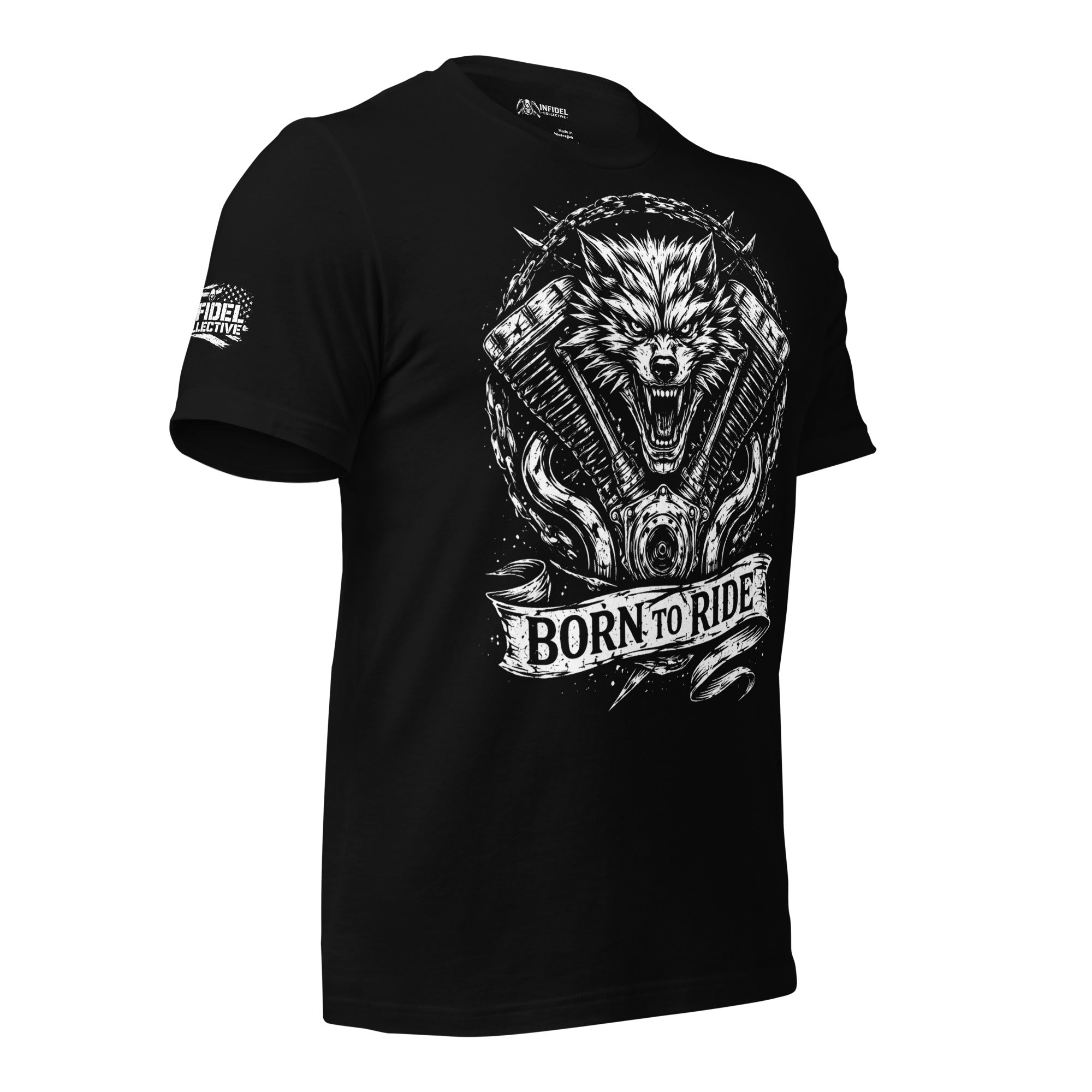 Black t-shirt with Wolf graphic and 'BORN TO RIDE text on a white background