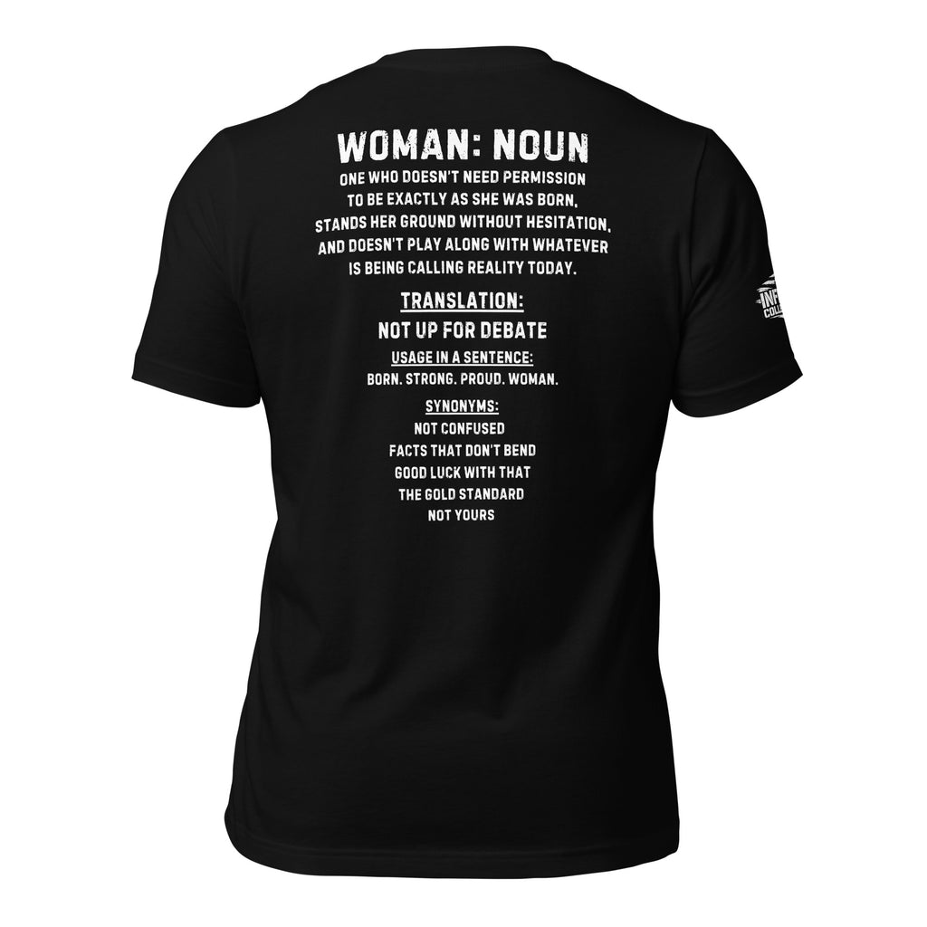 Black front-and-back tee featuring Woman text on the front and a definition-style statement graphic on the back