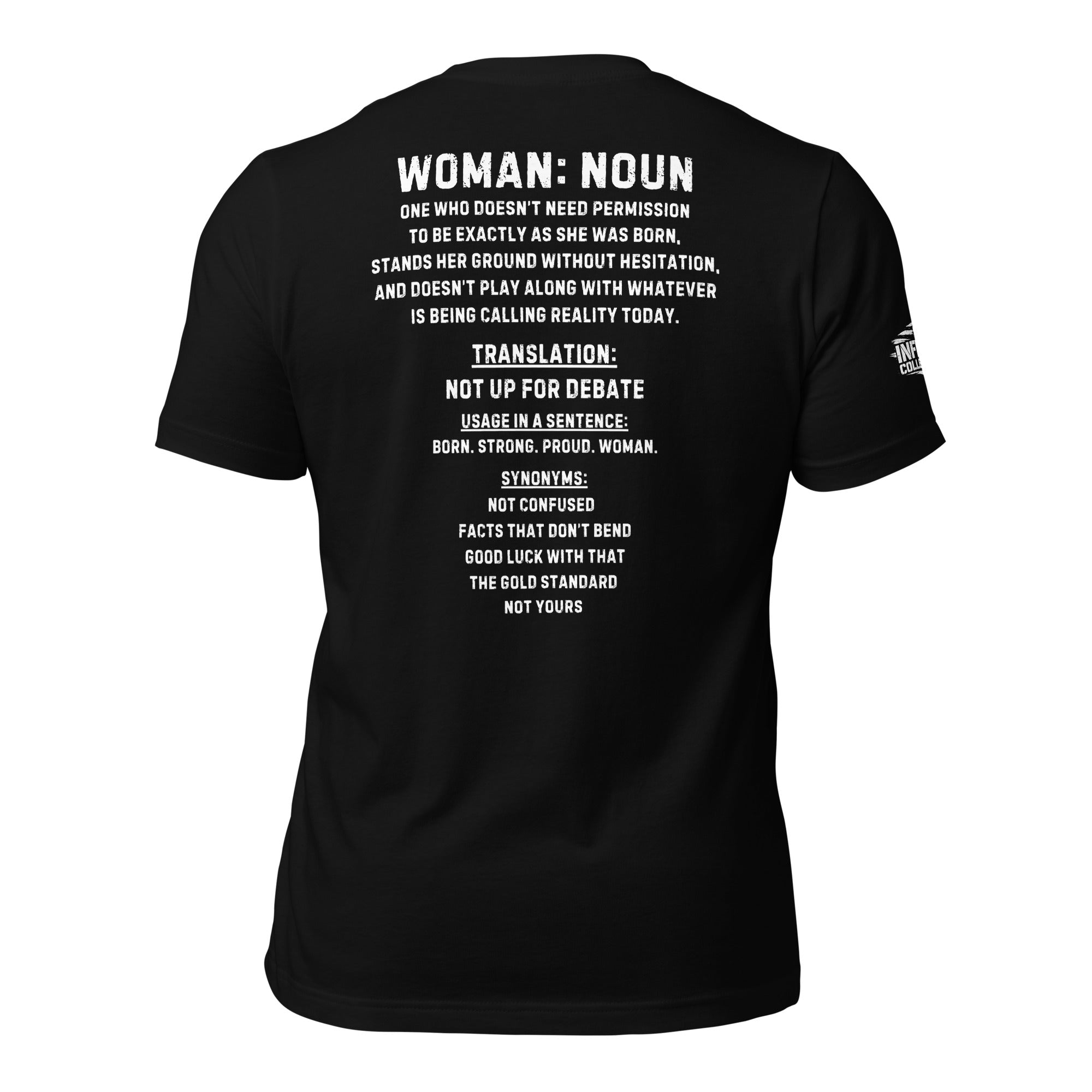 Black front-and-back tee featuring Woman text on the front and a definition-style statement graphic on the back